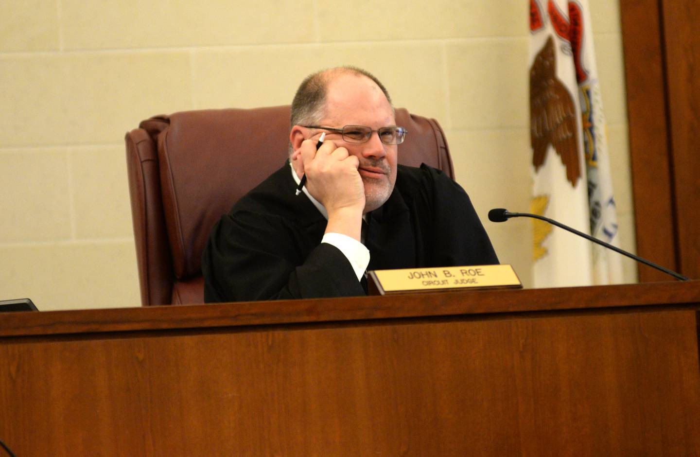 Ogle County Judge John "Ben" Roe listens to arguments during a Thursday, Feb. 15, 2024 hearing for Matthew Plote of Malta. Plote is accused of killing Melissa Lamesch of Mount Morris and her unborn son and then setting their home on fire in 2020.