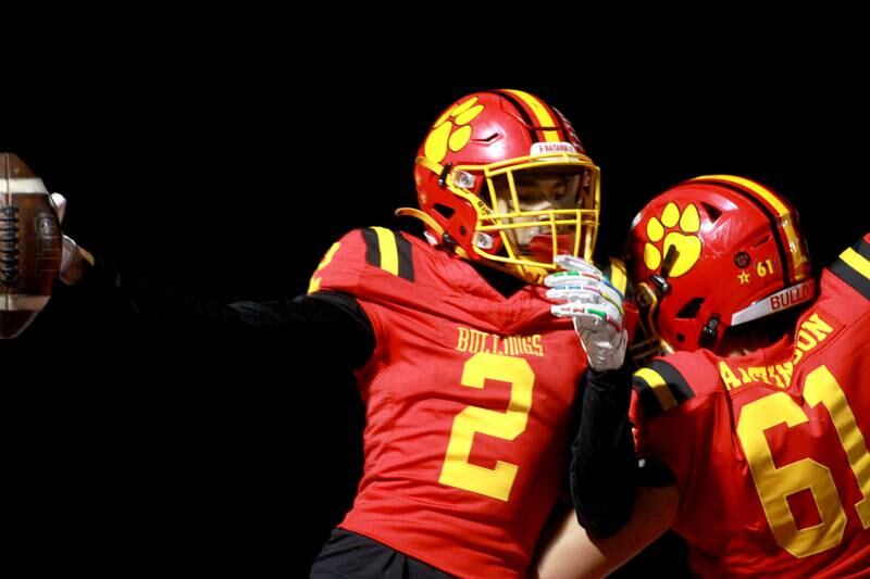 Batavia’s Isaiah Brown (left) and Bradyn Martinson celebrate a touchdown by Brown during a Class 7A first-round game against Collinsville on Friday, Nov. 1, 2024 in Batavia.