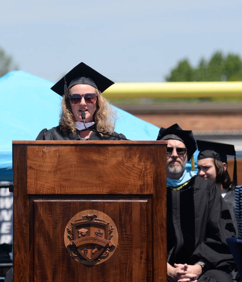 Downers Grove South Principal Arwen Lyp welcomes the class of 2023 and their family and friends during the graduation ceremony Sunday May 21, 2023.
