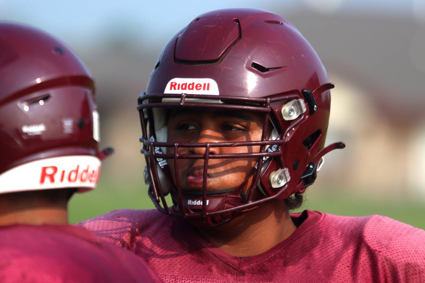 Evan Maniates waits his turn to run a drill during Marengo High School football practice Tuesday morning.