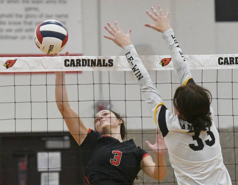 Fulton's Kerby Germann (3) spikes the ball against Lena-Winslow in the championship game of the Stillman Valley Tournament on Saturday, Oct. 25, 2025 at Stillman Valley High School.