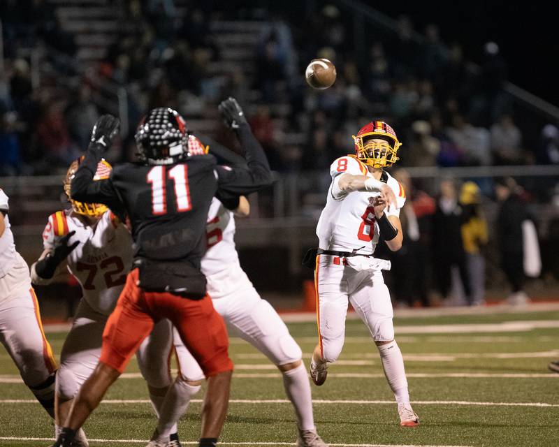 Batavia's Michael Vander Luitgaren throws a pass against Glenbard East at the Class 7 A Second Round playoff game on Friday, Nov. 7,2025 in Lombard.
