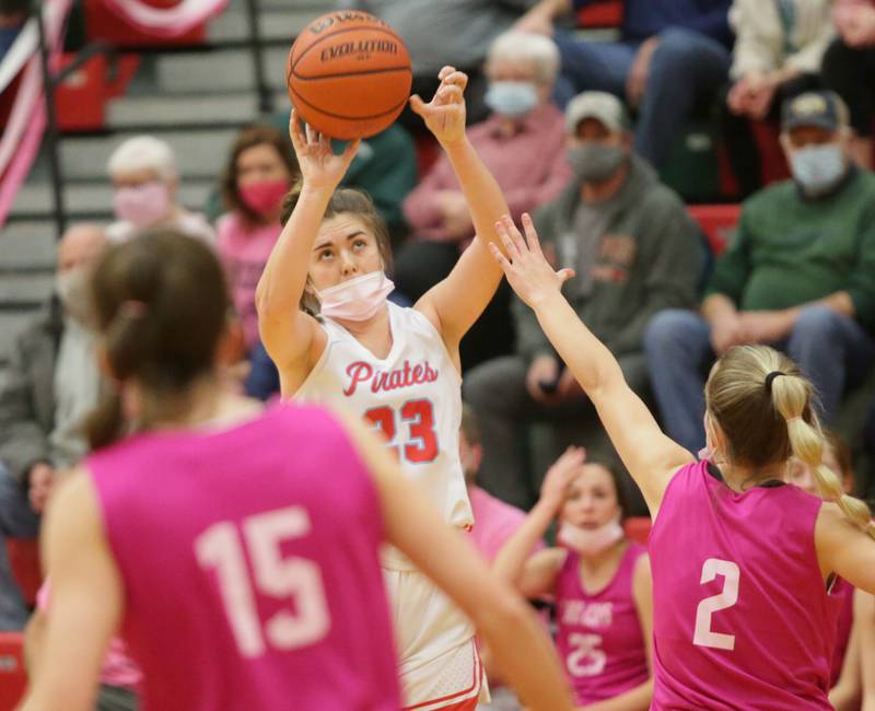 Ottawa's Brooke Waddell, sinks a jump shot over L-P's Taylor Martyn, (2) on Tuesday Feb. 1, 2022 at L-P.