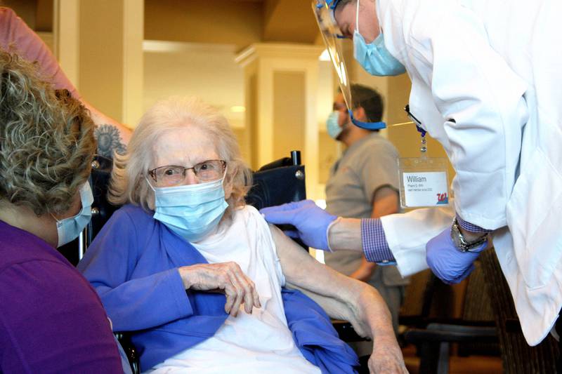 Dorothy Wellman, 105, received the first dose of the COVID-19 vaccine Jan. 22 at Bickford Senior Living of Oswego. Wellman was diagnosed with COVID-19 in 2020, but recovered her health.
