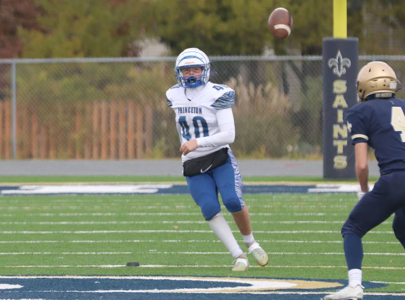 Princeton's Braylon Clevenger watches his opening kickoff kick against Central Catholic durring the Class 3A playoffs on Saturday, Nov. 1, 2025 at Central Catholic High School in Bloomington.