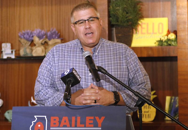 Republican candidate for governor Darren Bailey campaigns Wednesday, Sept. 21, 2022, at Around the Clock Restaurant, 5011 Northwest Highway, in Crystal Lake, during a nine-city bus tour, with his Lt. Governor candidate Stephanie Trussell.