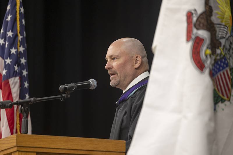 Rock Falls superintendent Ron McCord addresses the crowd Sunday, May 17, 2026, to start the 147th annual commencement at Rock Falls High School.