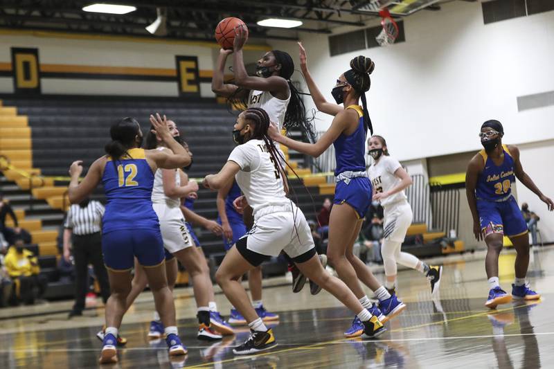Joliet West's Destiny McNair hits a jump shot on Tuesday, Feb. 16, 2021, at Joliet West High School in Joliet, Ill.