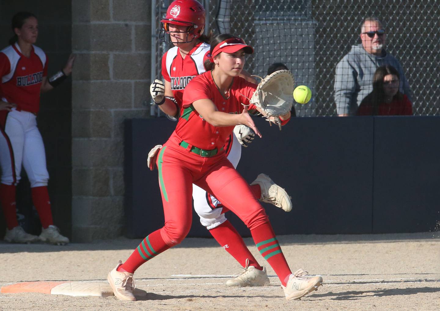 L-P first baseman Anna Riva forces out Streator batter-runner Mya Zavada during the Class 3A Pontiac Regional semifinal game on Tuesday, May 27, 2025, in Pontiac.