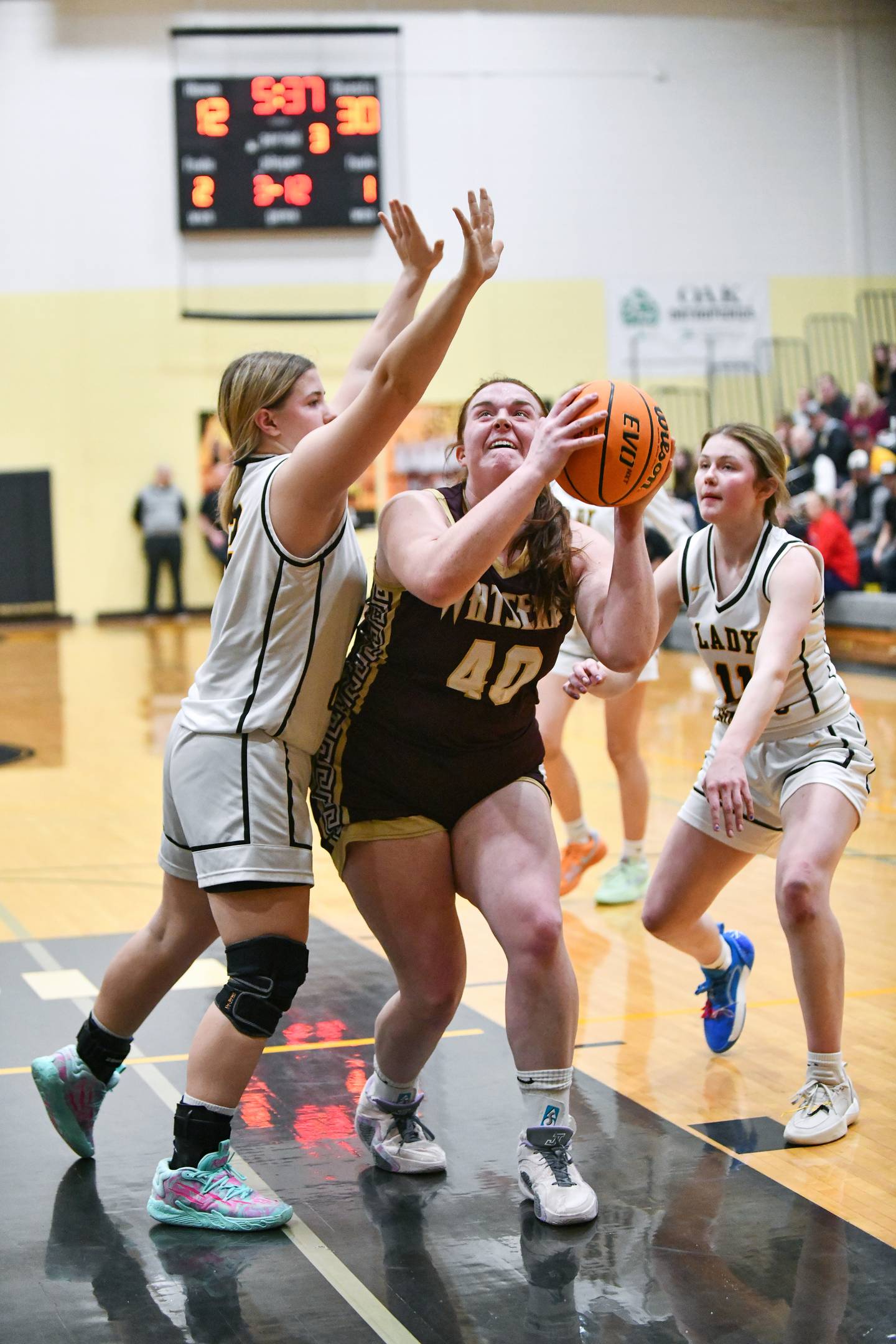Watseka's Megan Martin shoots under pressure from Reed-Custer's Harlie Liebermann during the Warriors' 50-24 victory over Reed-Custer in the IHSA Class 2A Herscher sectional semifinal on Tuesday, Feb. 25.