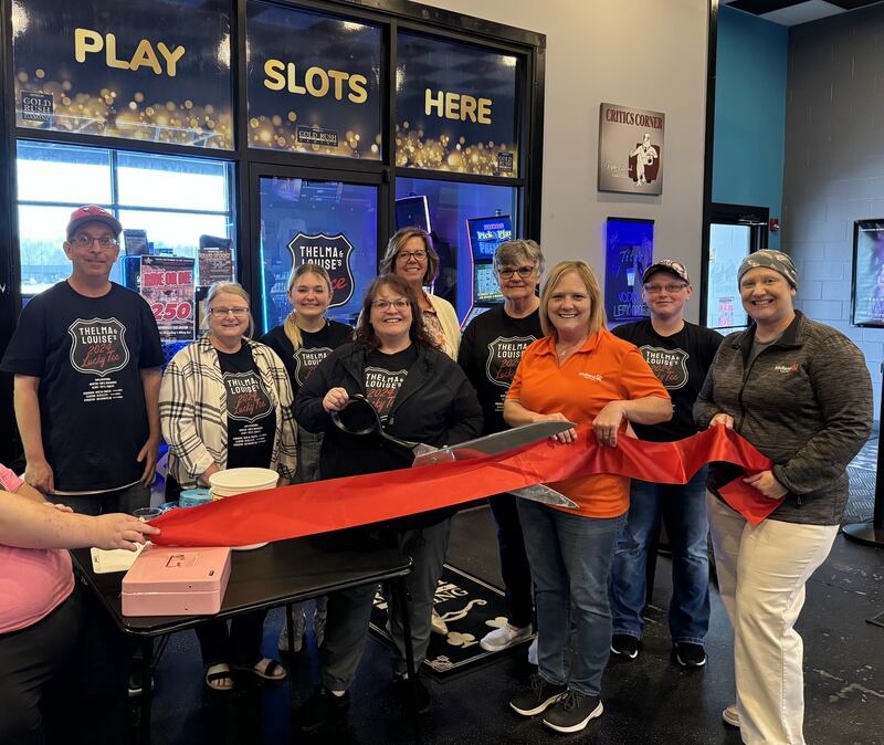 (From left) Joe Hockett, Amy Orr, Megan Ellis, Jamie Wonders, Lori Snell (Chamber Board), Janet Dodge, Melissa Givens (Chamber ambassador) Carrie Reese and Carri Alexander (Chamber ambassador) gather Thursday, April 25, 2024, at the new Thelma & Louise at Streator Eagle 6 for a ribbon cutting.