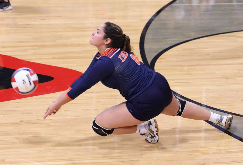 DePue's Emily Marquez dives for the ball during their match against Indian Creek Thursday, Oct. 13, 2022, in Shabbona.