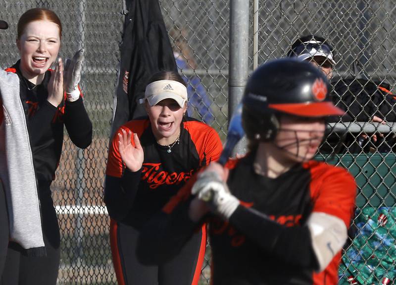 Crystal Lake Central's Makayla Malone (left)  and Kate Show (center) cheer for their teammate, Crystal Lake Central's Cassidy Murphy as she battles Marian Central' pitcher Christine Chmiel during a nonconference softball game on Thursday, April 3, 2025, at Bates Park in Woodstock.
