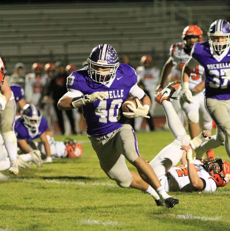 Rochelle's Roman Villalobos (40) runs for extra yards during the game with Waterloo on Friday, Oct. 24, 2025.