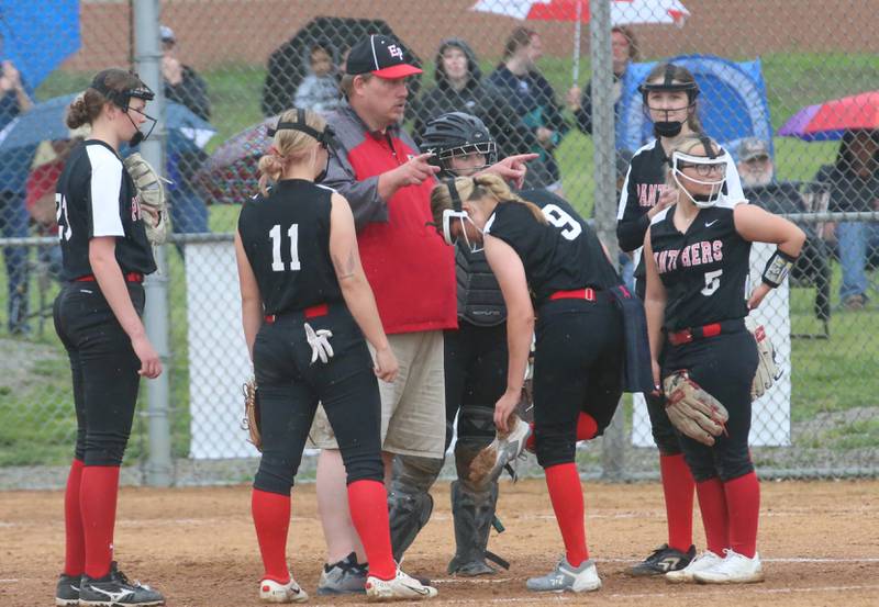 Erie-Prophetstown head softball coach Carl Weidel talks to his team after Bureau Valley tied the game during the Class 1A Regional game on Monday, May 13, 2024 at Bureau Valley High School.