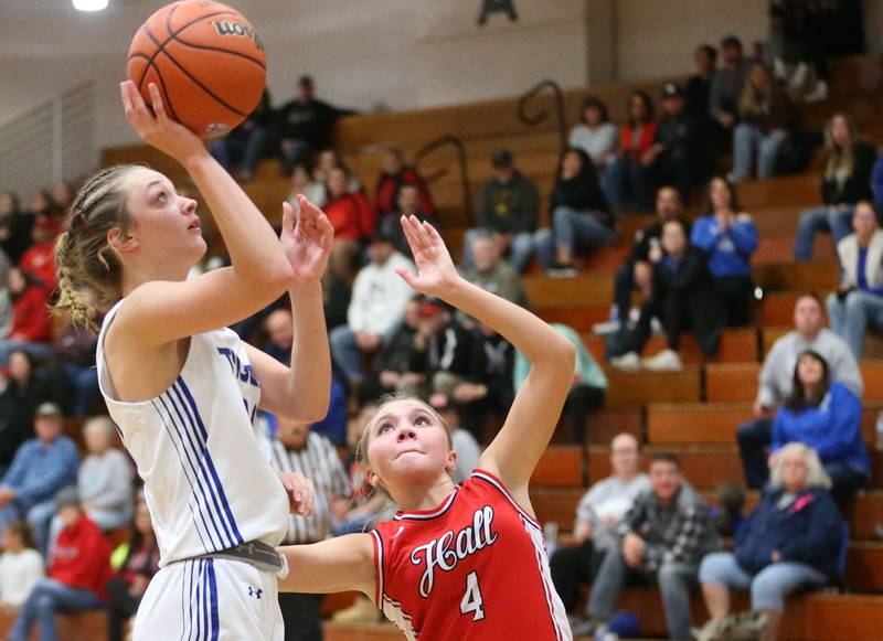 Princeton's Keighley Davis eyes the hoop as Hall's Charlie Pellegrini during the Princeton Holiday Girls Basketball Tournament on Friday, Nov. 23, 2024 at Princeton High School.