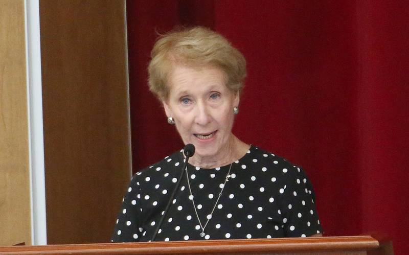 Margaret "Peg Regan speaks to the Illinois Health Facilities and Services Review Board during a public hearing regarding OSF St. Elizabeth Hospital's plans to reduce services on Tuesday, June 10, at Central Intermediate School in Ottawa.
