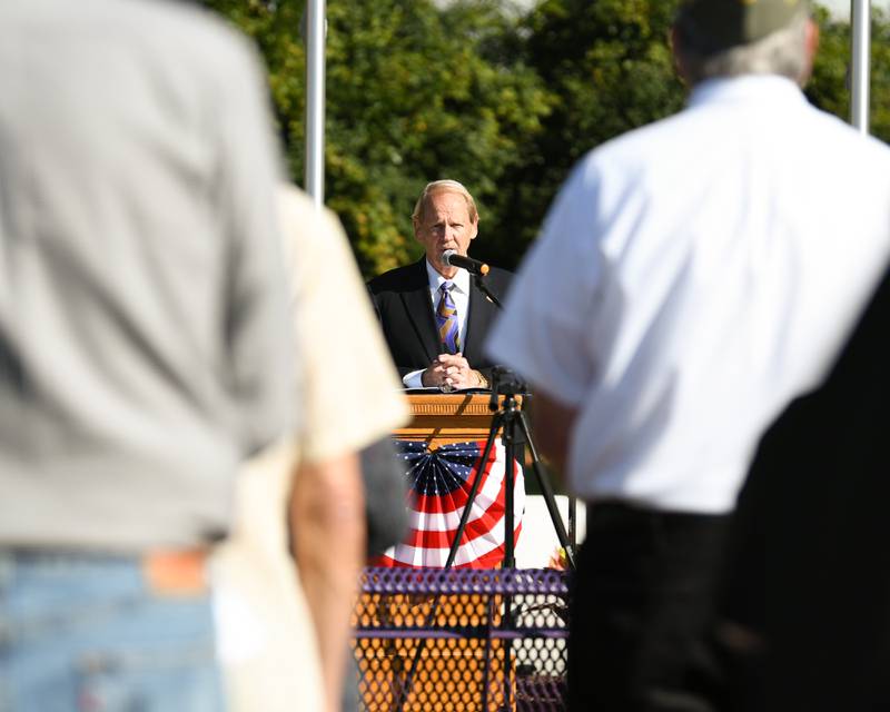 U.S. Air Force veteran Michael Embrey gives remarks during a dedication ceremony marking the completion of phase one of the DeKalb Elks Veteran’s Memorial Plaza in DeKalb Saturday, Oct. 1, 2022.