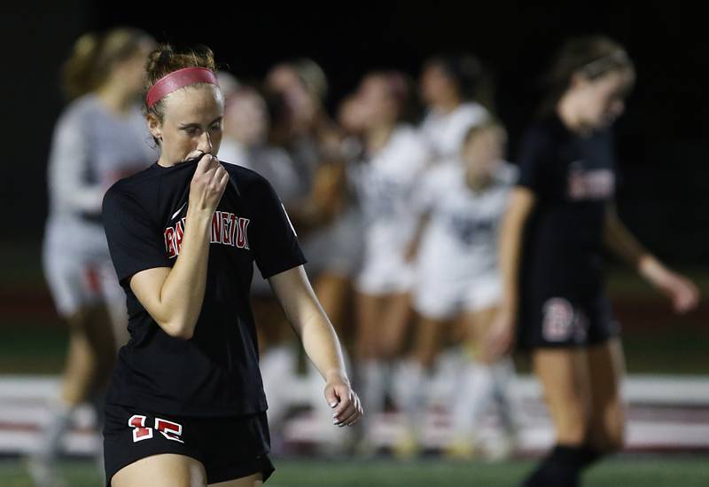 Barrington's Kate Lubinsky walks back to center field after O'Fallon score during the second overtime period in the IHSA Class 3A state championship match at North Central College in Naperville on Saturday, June 3, 2023.