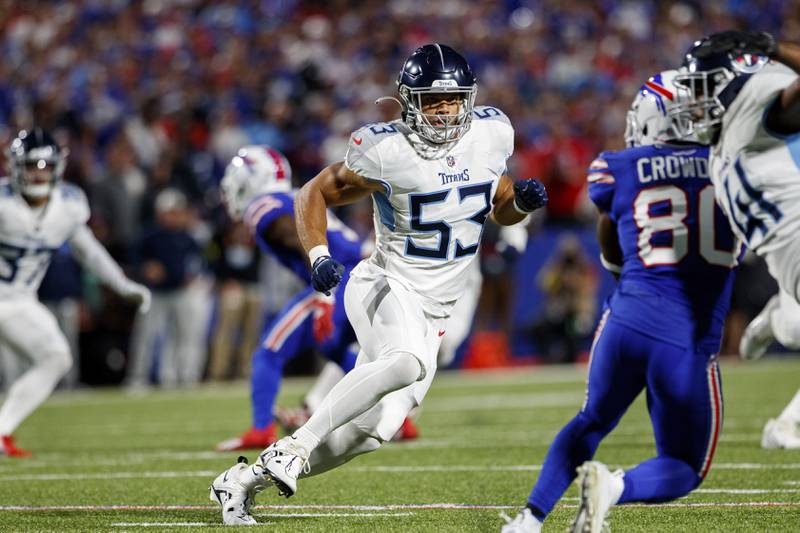 Tennessee Titans linebacker Dylan Cole covers a kick against the Buffalo Bills, Monday, Sept. 19, 2022, in Orchard Park, NY.