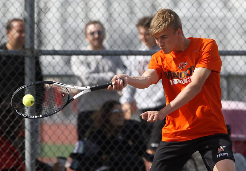 Minooka’s Evan Lundeen returns the ball as he and his doubles partner, Eli Chavez, compete in the Class 2A Boys State Tennis Tournament on Thursday, May 29, 2025, at Palatine High School.