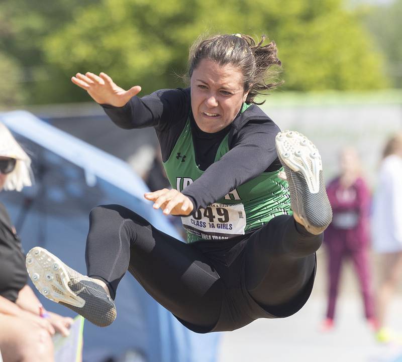 Seneca’s Anna Bruno reaches out in the 1A long jump Saturday, May 20, 2023, during the IHSA Girls Track and Field State Finals at Eastern Illinois University in Charleston.