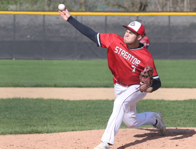 Streator pitcher Landon Muntz lets go of a pitch to Seneca on Friday, April 19, 2024 at Seneca High School.