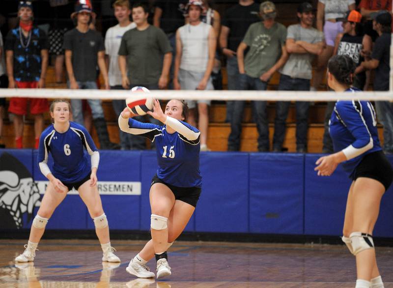 Newark's Danica Peshia (15) sets the ball against Aurora Christian during a girls' volleyball match at Newark High School on Tuesday, Sep. 5, 2023.