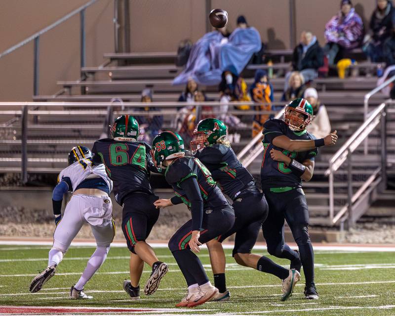 Marion Persich (8) of L-P throws ball to receiver on Friday, October 24, 2025 at Howard Fellows Stadium in LaSalle.