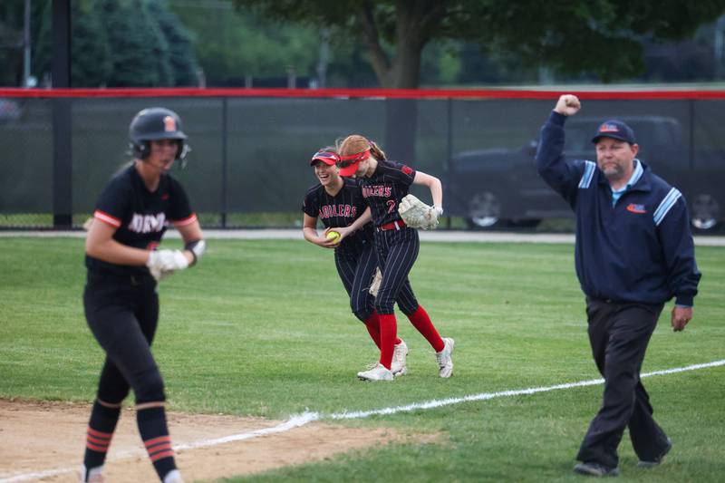 Bradley-Bourbonnais’ Olivia Woolman celebrates a diving catch by Bristol Schriefer (2) during the Boilermakers' 8-0 victory over Normal Community in the IHSA Class 4A Bradley-Bourbonnais Regional semifinal on Tuesday, May, 27, 2025.