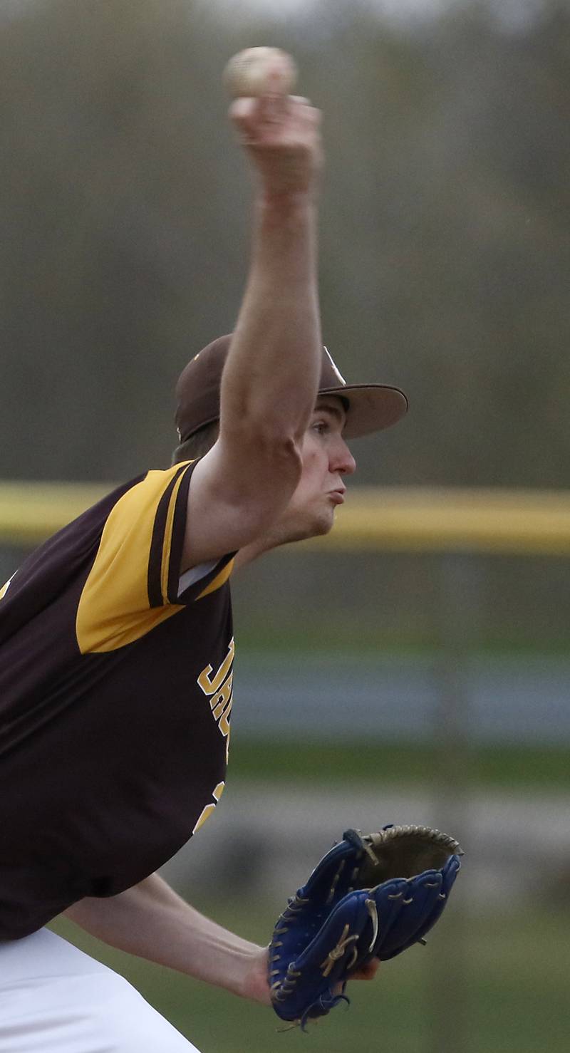 Jacobs’s Nathan Chapman throws a pitch during a Fox Valley Conference baseball game Friday, April 29, 2022, between Prairie Ridge and Jacobs at Prairie Ridge High School.