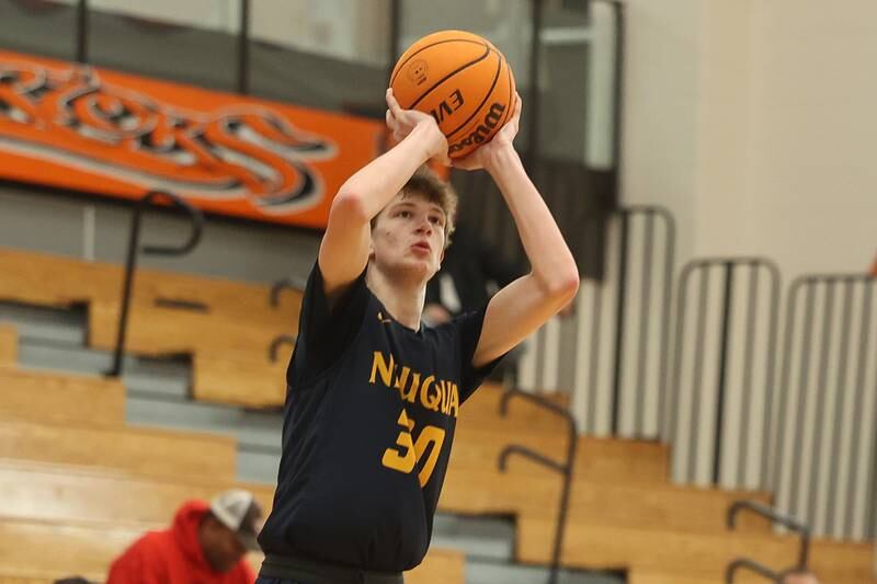 Neuqua Valley’s Mason Martin takes the outside shot against Lincoln-Way West on Saturday, Feb. 1, 2025.