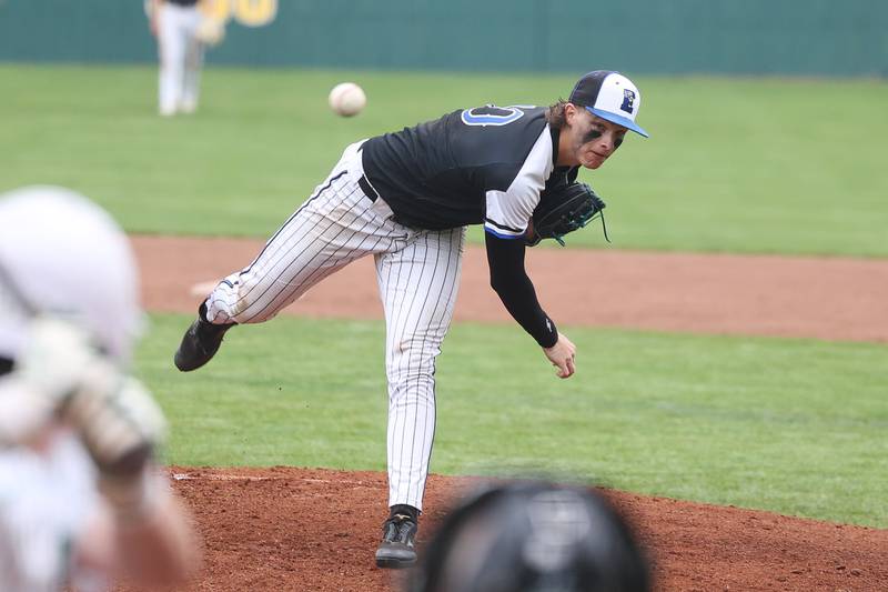 Lincoln-Way East’s Zach Kwasny delivers a pitch against Providence on Saturday, May 6, 2023 in New Lenox.