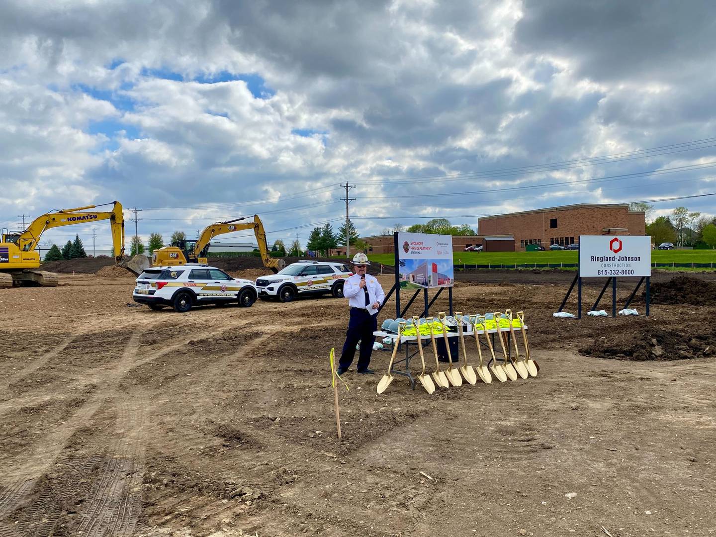 Sycamore Fire Chief Bart Gilmore welcomes the crowd and thanks all who helped make a reality the city's new fire station at a groundbreaking ceremony for the city's new fire station on Monday, May 5, 2025, at 1351 S. Prairie Drive, Sycamore.