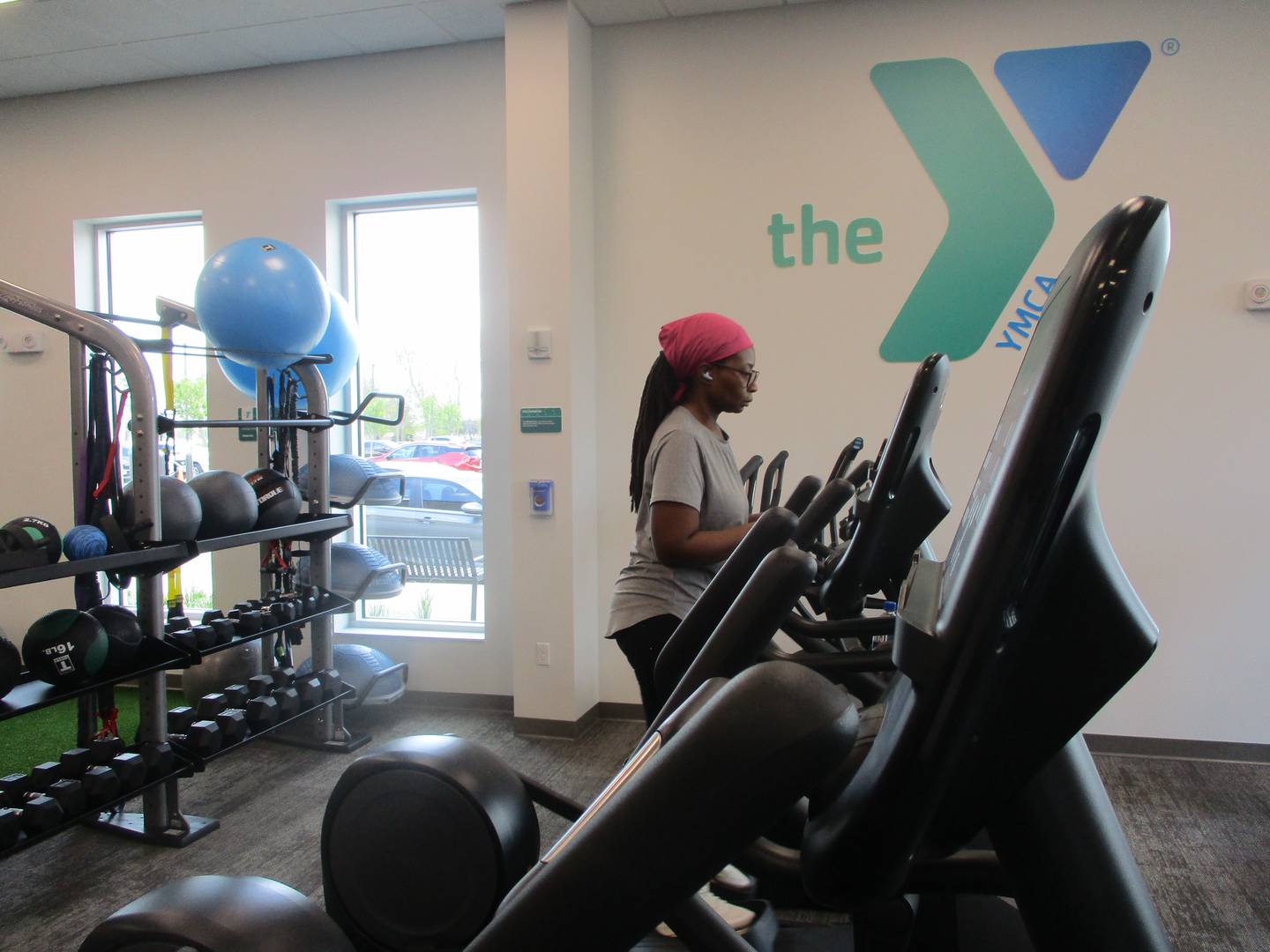 Felicia Frazier of Minooka works out on a treadmill during an open house Saturday for the Village of Shorewood YMCA. May 2, 2026