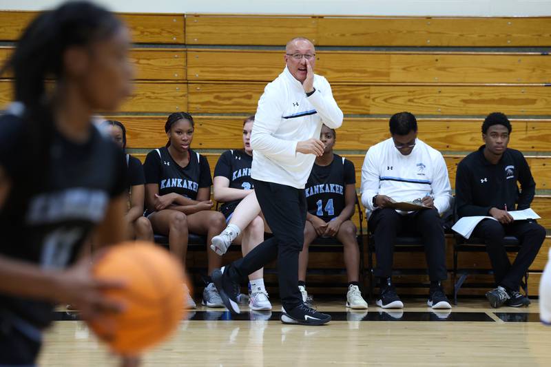 Kankakee's Kurt Weigt yells out a play during the Kays' 75-28 victory over Rosary at the Reed-Custer Classic on Monday, Nov. 17, 2025.