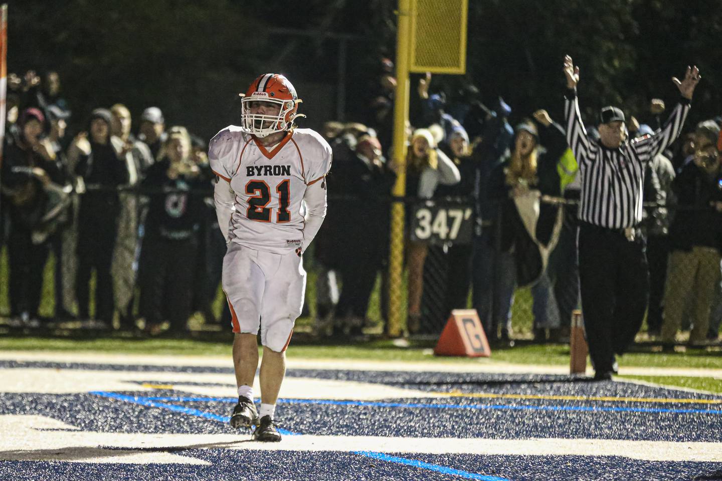 Byron's Chandler Binkley (21) celebrates his touchdown run during Class 3A semifinal game between Byron at IC Catholic Prep.  Nov 20, 2021.