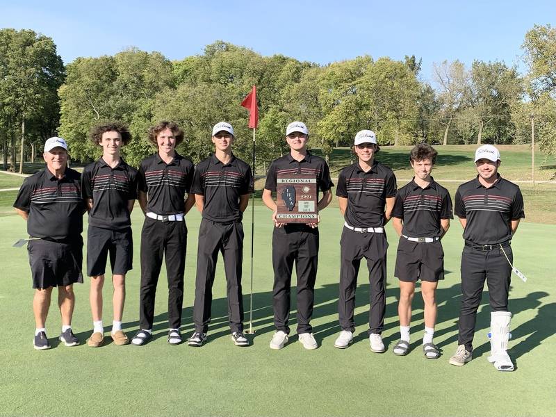 The Hall Red Devils captured their first regional golf championship since 2007, winning the Class 1A title at Spring Creek on Wednesday. Team members are (from left to right) assistant coach Steve Marini, Vance Pienta, Jake Diaz, Joe Perez, Landen Plym, Noah Plym, Johnni Escatel and head coach Mason Kimberley.