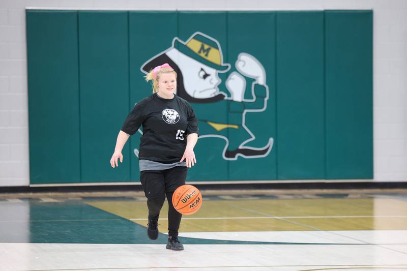 River Valley Special Rec player Sadie O'Meara dribbles up the court in their game against Lincolnway Special Recreation Association at Bishop McNamara on Friday, Jan. 30, 2026.