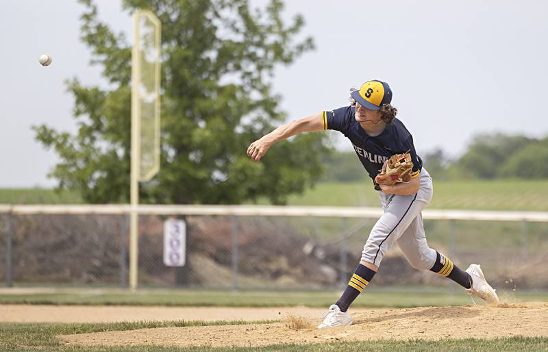 Sterling’s Garrett Polson fires a pitch against Burlington Central during a class 3A regional final in Rochelle Saturday, May 27, 2023.