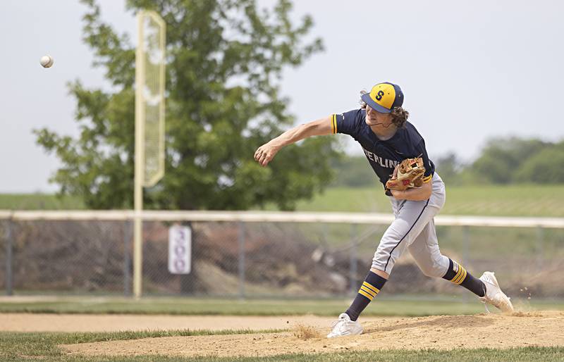 Sterling’s Garrett Polson fires a pitch against Burlington Central during a class 3A regional final in Rochelle Saturday, May 27, 2023.