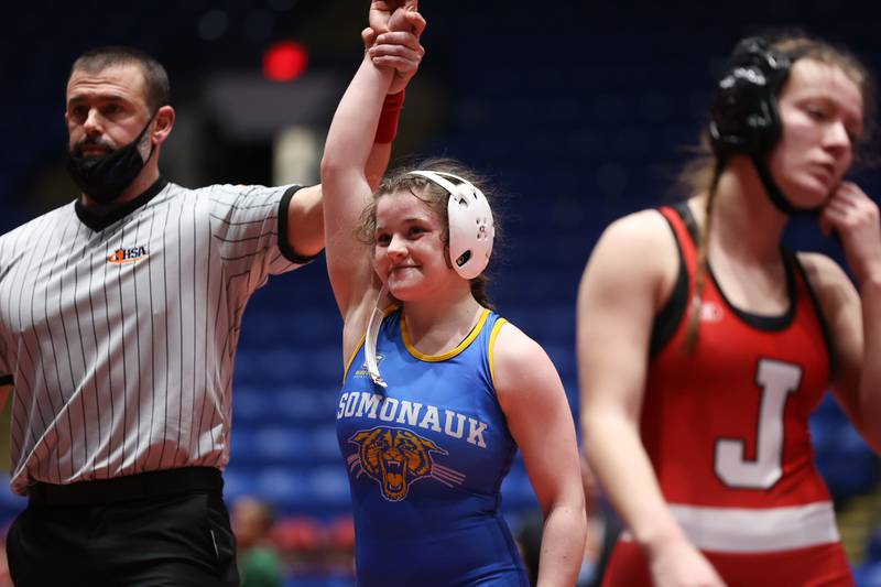 Somonauk’s Shea Reisel defeats Jacksonville’s Brooklyn Murphy 5-0 in the 110 pound championship match at Grossinger Motor Arena in Bloomington. Saturday, Feb. 26, 2022, in Champaign.