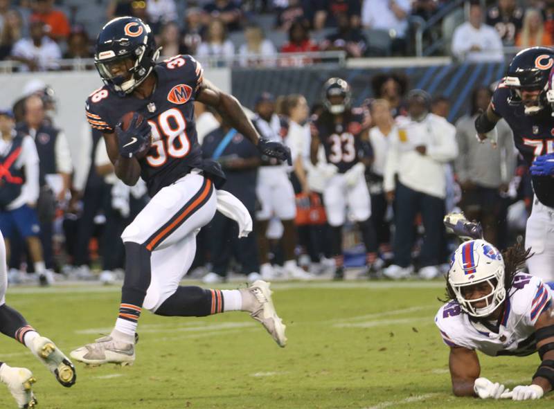 Chicago Bears running back Brittan Brown sprints down the field on Sunday, Aug. 17, 2025 at Soldier Field in Chicago.
