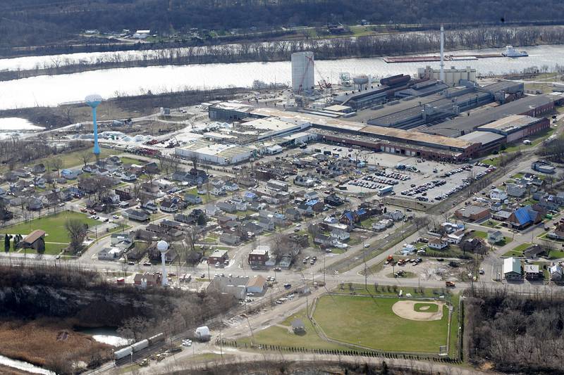 An aerial photo of the Village of Naplate showing the tornado damage on Wednesday, March 1 2017.