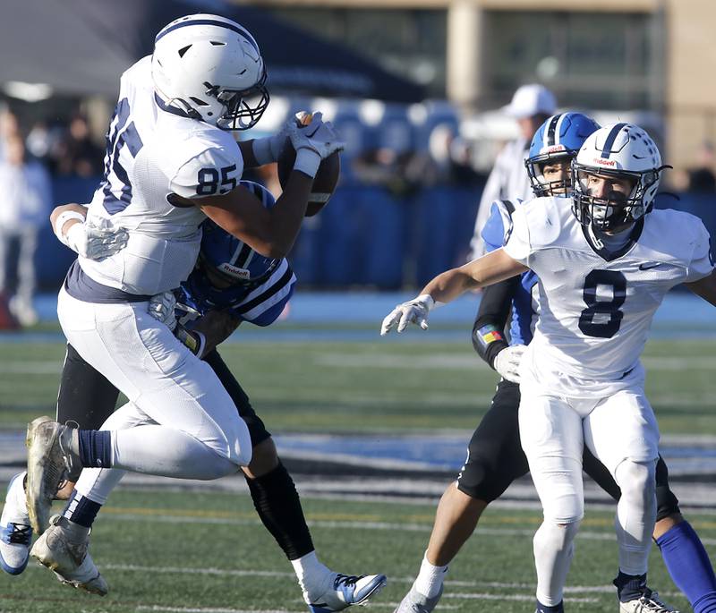 Cary-Grove's Luca Vivaldelli makes a fourth down catch to keep Cary-Grove’s drive alive during a IHSA Class 6A semifinal playoff football game against Lake Zurich on Saturday, Nov. 18, 2023, at Lake Zurich High School.