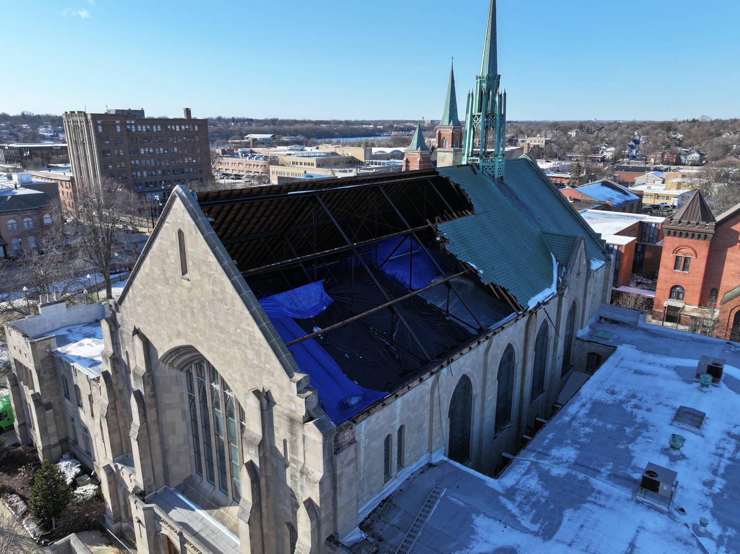 Elgin's First United Methodist Church lost most of its roof copper roof in a March 2025 storm. McHenry's Jeremy Bates travels the country repairing church storm damages.