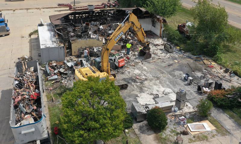 An aerial view of the demolition of Cindy's on 39 restaurant (formally Delaney's) on Tuesday, Aug. 29, 2023 in Oglesby. A fire destroyed the restaurant in April. Otterbach Demolition in Mendota are removing debris from the establishment. The office of the State Fire Marshall declared that the fire was accidental.