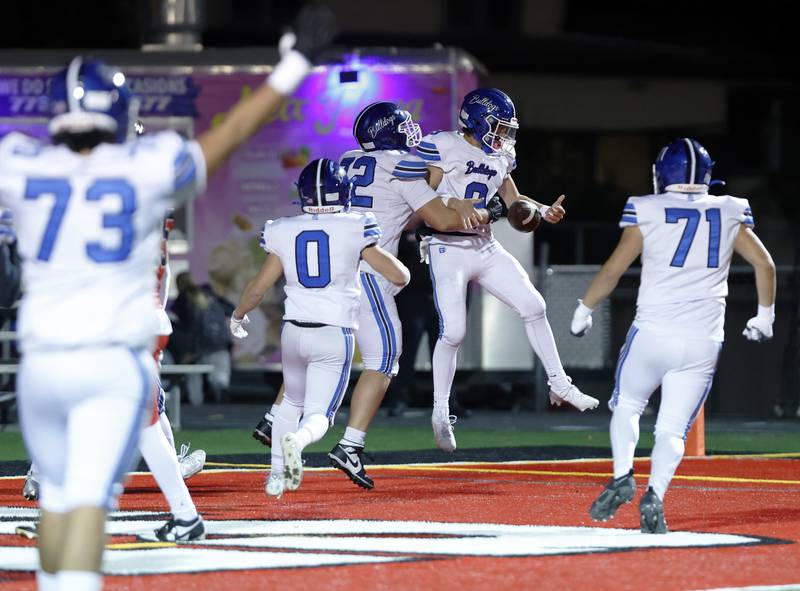 Riverside Brookfield celebrates a score during the varsity football game between Riverside Brookfield and Glenbard East on Friday, Oct. 24, 2025 in Lombard, IL.