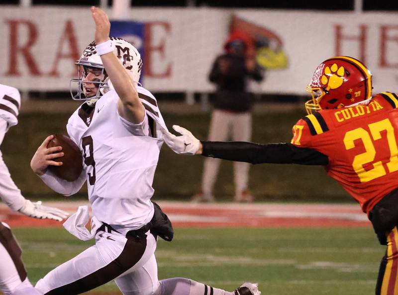 Mt. Carmel's Jack Elliott gets past Batavia's Andrew Culotta during their Class 8A state championship game Saturday, Nov. 30, 2024, in Hancock Stadium at Illinois State University in Normal.