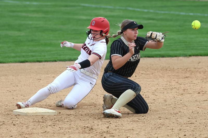 Ottawa's Avery Leigh steals second base as Sycamore's Addison Armstrong takes the throw Friday, April 17, 2026, during thier game at Sycamore High School.